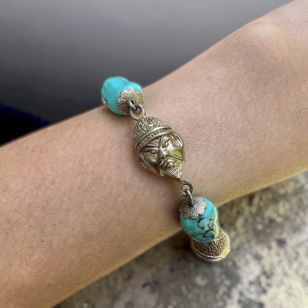 Vintage Chinese Revival Bracelet Asian Figural Heads Mask Turquoise Glass MCM 7”